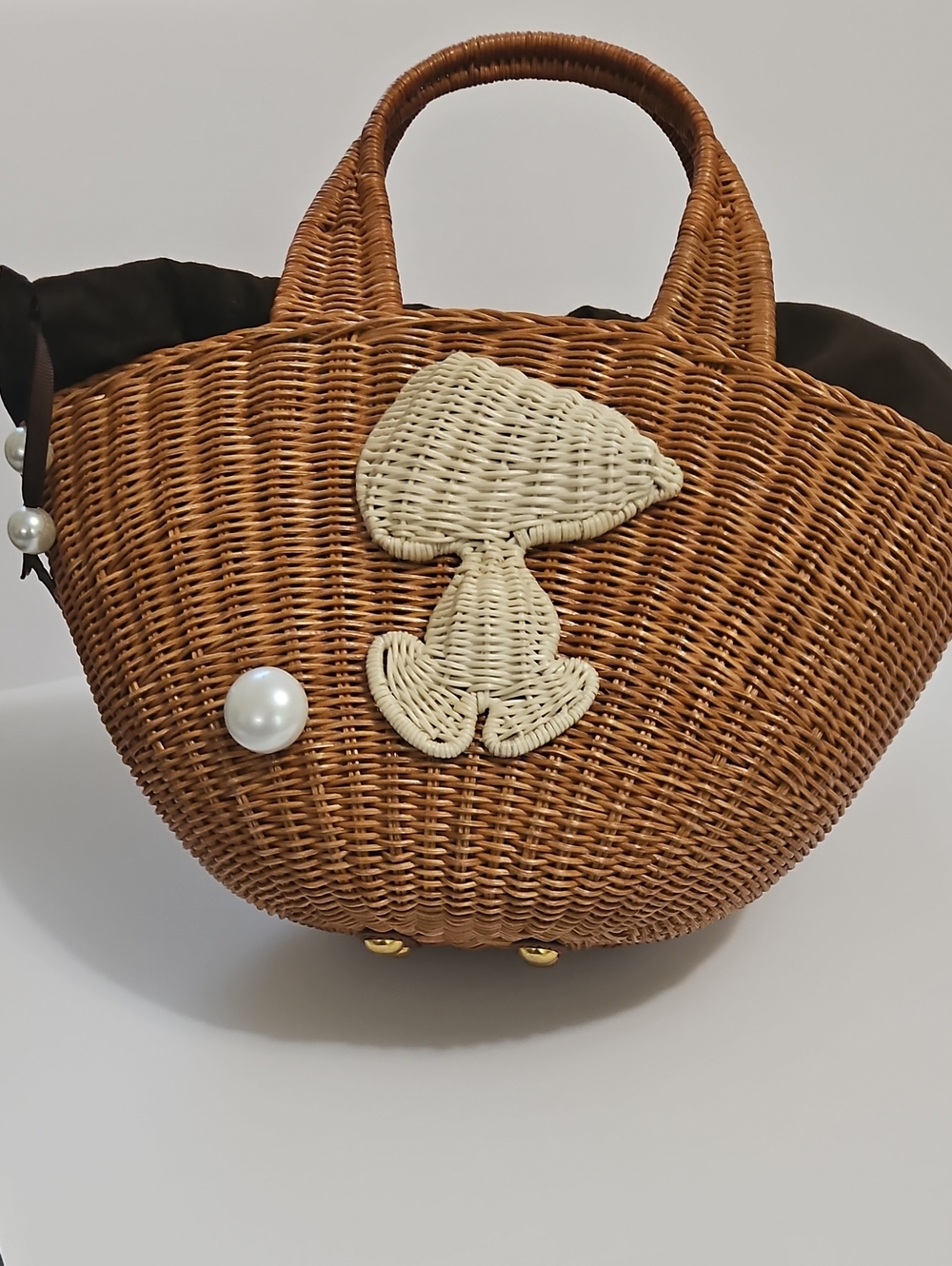 Woven Straw Snoopy Accent Handbag in Brown and Cream